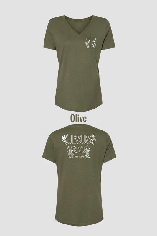 JESUS THE WAY FLORAL WOMEN'S V-NECK T-SHIRT