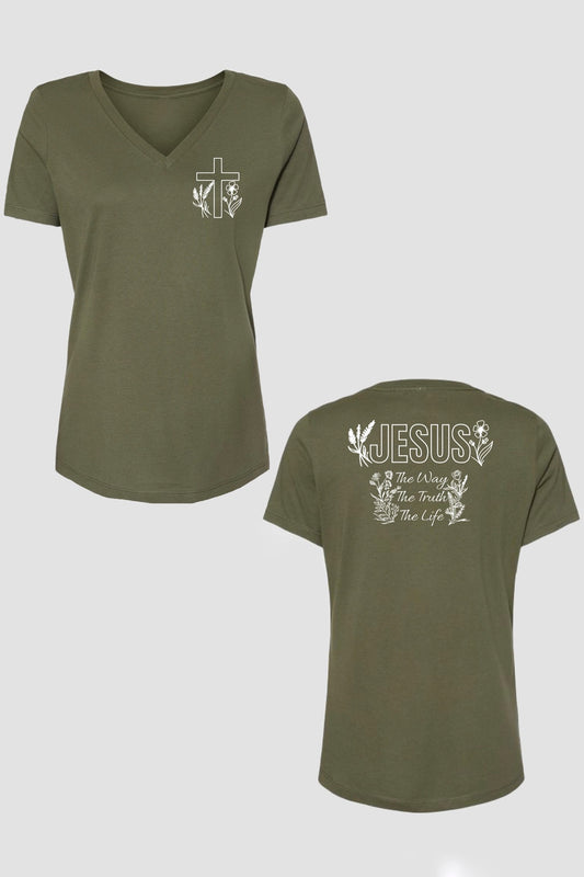 JESUS THE WAY FLORAL WOMEN'S V-NECK T-SHIRT